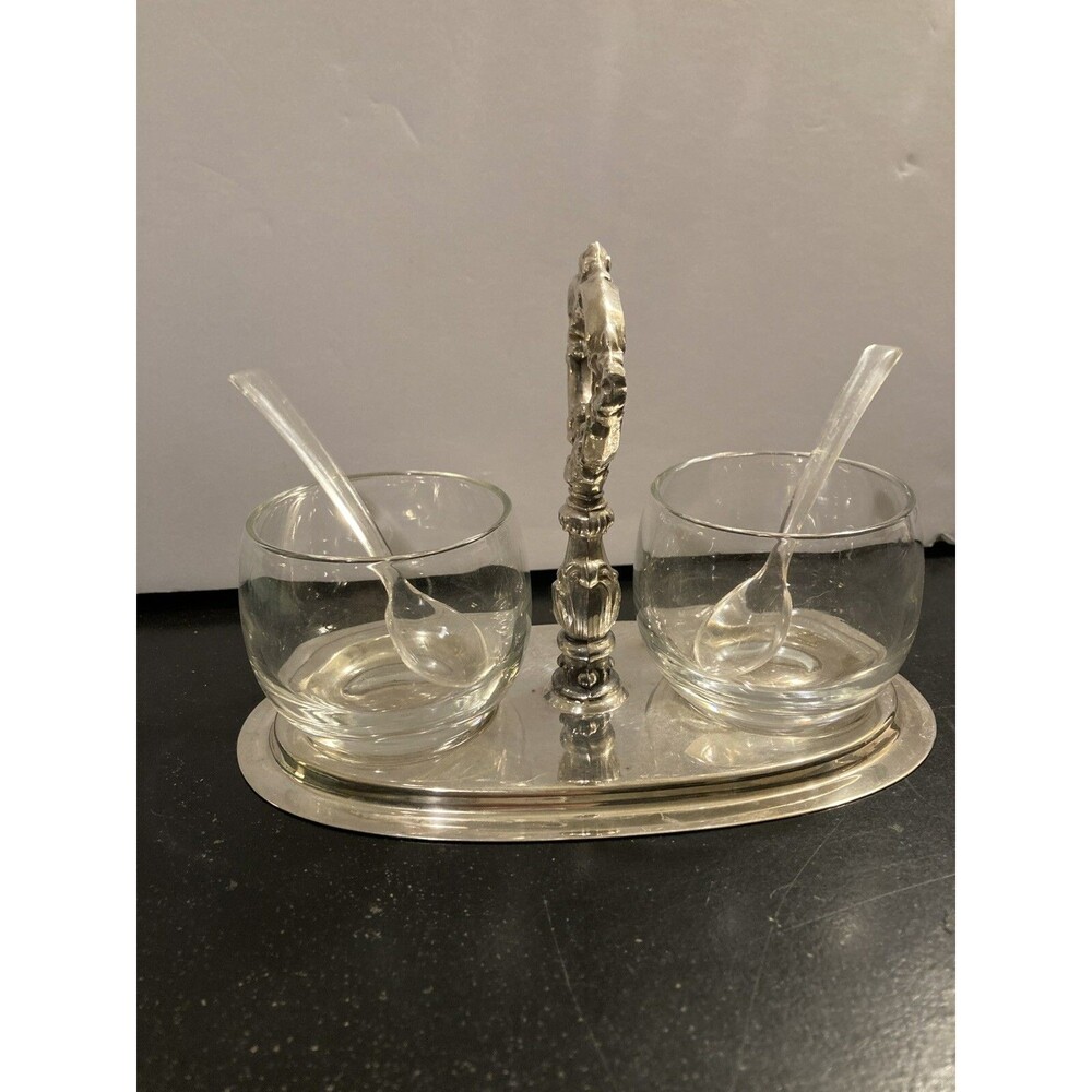 Sheridan Silver Plate condiment caddy with two small glass bowls. Silver plated